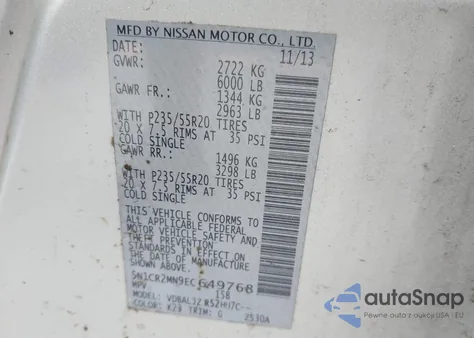 2014 Nissan Pathfinder Hybrid Platinum z USA, uszkodzony, nr VIN 5N1CR2MN9EC649768